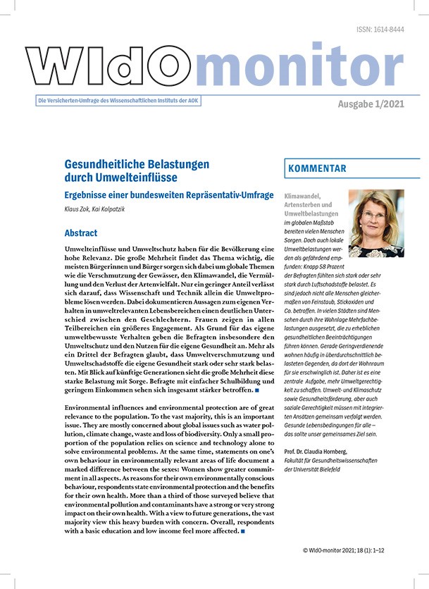 Cover des WIdOmonitors 1/2021 Cover des WIdOmonitors 1/2021 zum Thema gesundheitliche Belastungen durch Umwelteinflüsse