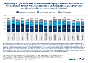 Pflegebedingte Eigenanteile (EEE), Unterkunft und Verpflegung sowie Investitionskosten ohne Berücksichtigung der nach Wohndauer gestaffelten Leistungszuschläge (nach § 43c SGB XI)